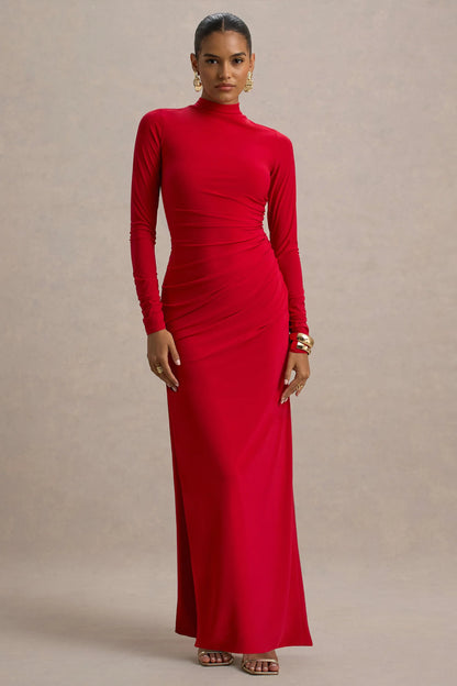 Alluring Red High Neck Maxi Dress With Ruched Detailing