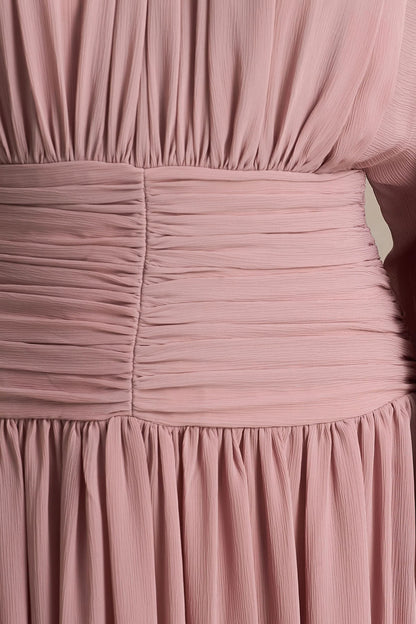 Annabel Dusty Pink High Neck Midi Dress With Drop Waist And Pleated Detailing