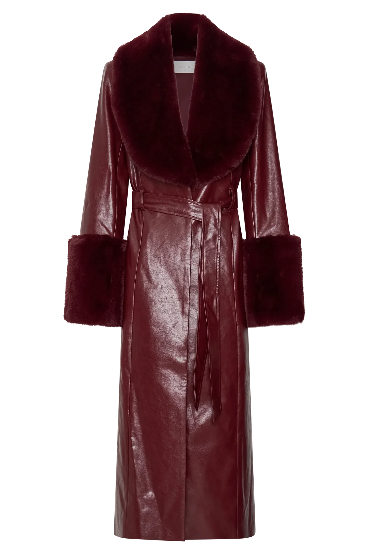 Bec Faux Leather Trench Coat With Faux Fur Cherry Red