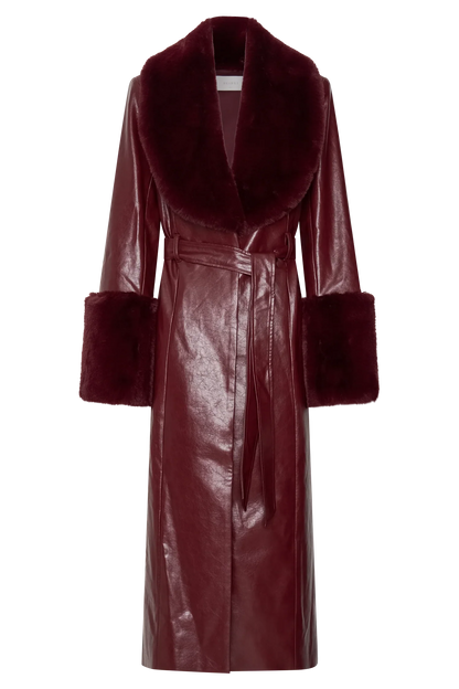Bec Faux Leather Trench Coat With Faux Fur Cherry Red