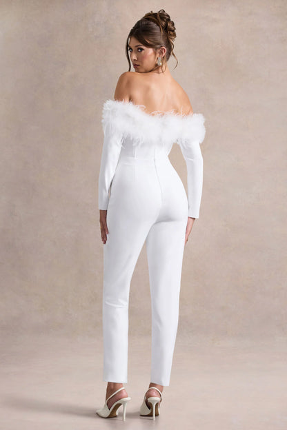 Ales White Bardot Tailored Straight Leg Jumpsuit With Feather Trim