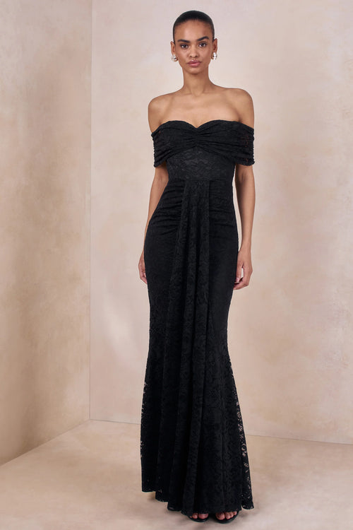 Aries Black Lace Bardot Neck Maxi Dress With Gathered Detailing