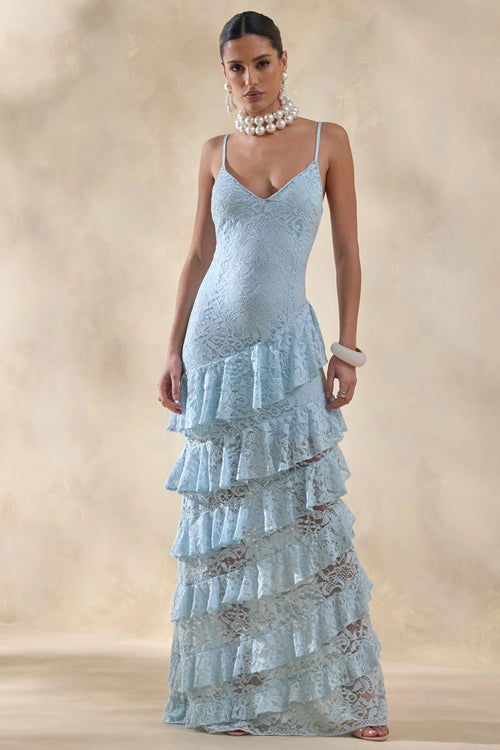 Avelisse Blue Lace Plunge Neck Maxi Dress With Ruffled Detailing