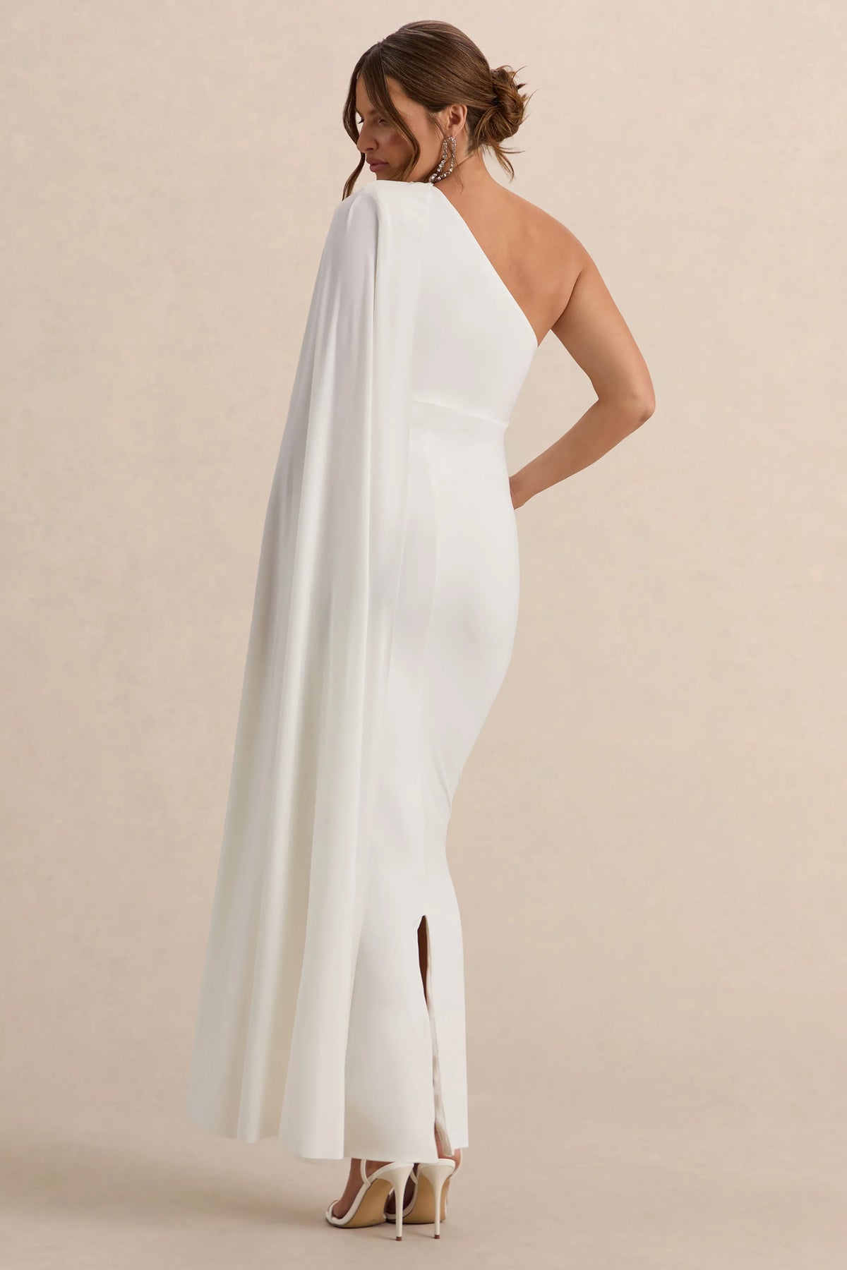 Amaryllis White Maternity One Shoulder Maxi Dress with Cape Sleeve