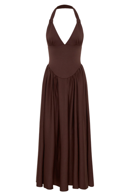 Angelina Scuba Halter Midi Dress Chocolate