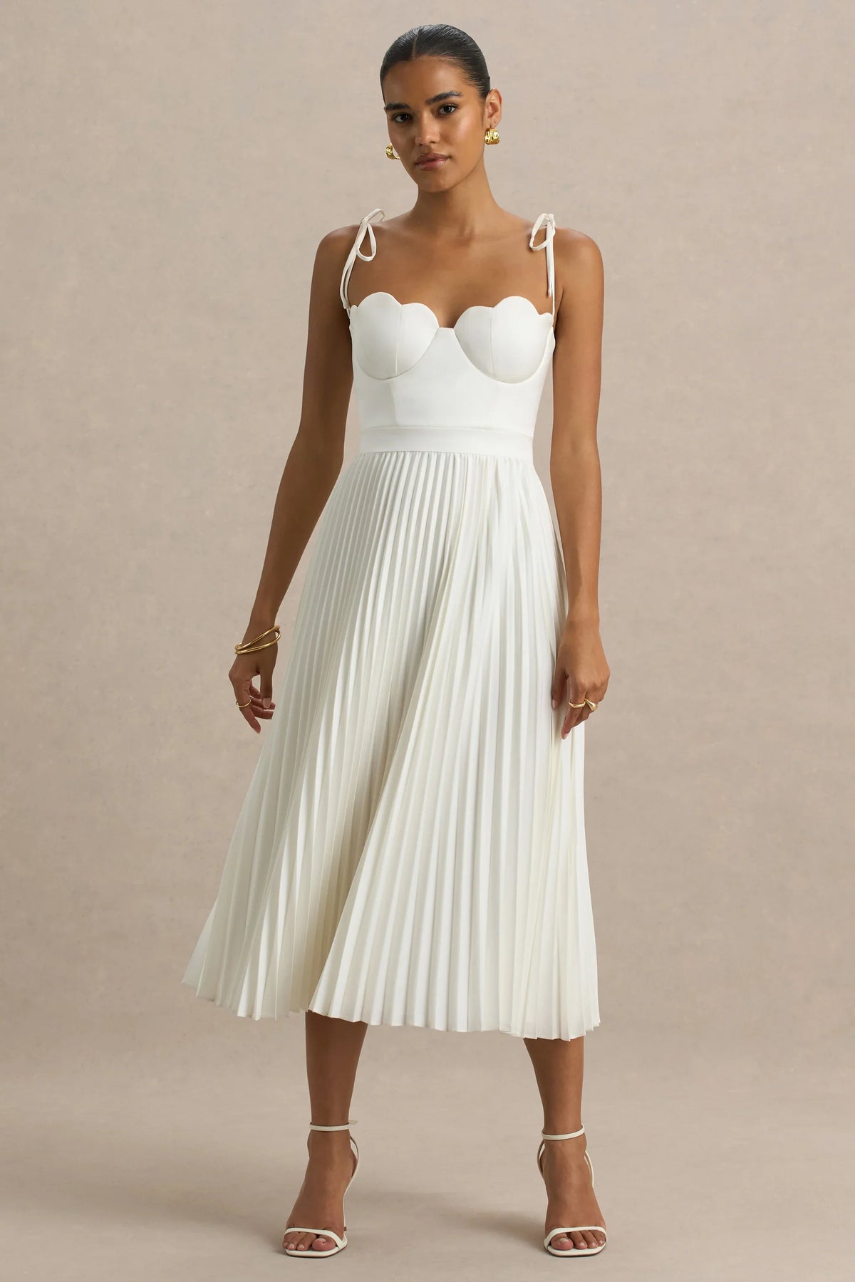 Agua Cream Satin Sweetheart Midi Dress With Pleated Skirt