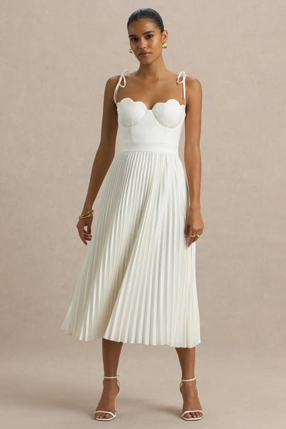 Agua Cream Satin Sweetheart Midi Dress With Pleated Skirt