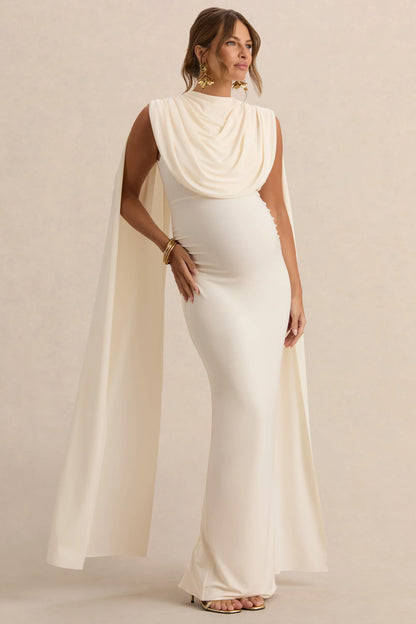 Belva Cream Round Neck Maternity Maxi Dress With Cape Detail