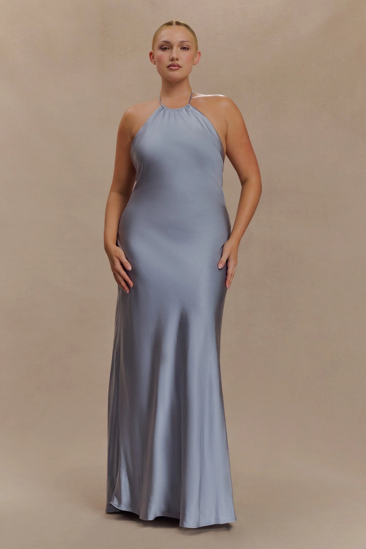 Bella Satin Halter Maxi Dress Frosted Blue