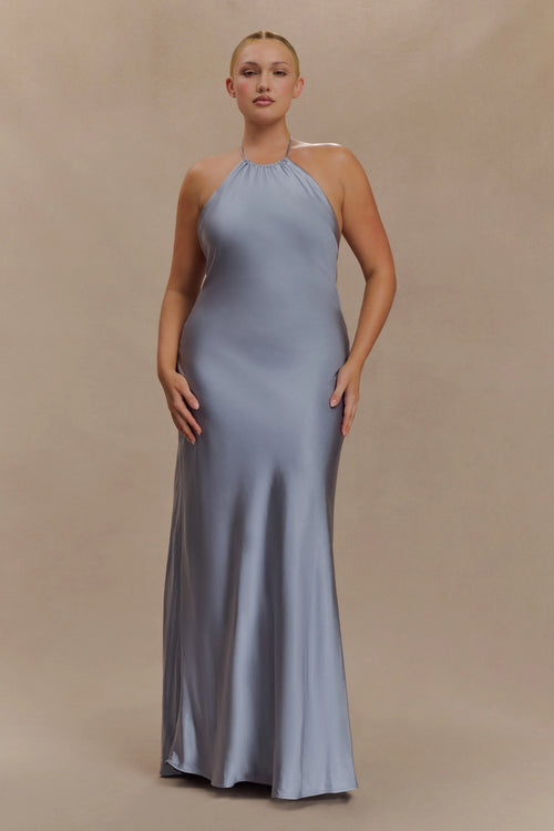 Bella Satin Halter Maxi Dress Frosted Blue