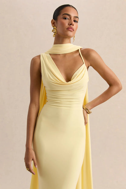 Armelia Lemon Cowl Neck Maxi Dress With Scarf Detail