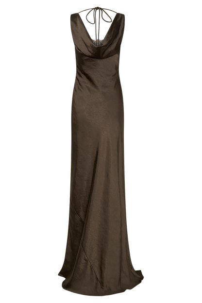 Ashley Cowl Neck Lace And Satin Maxi Dress Mocha