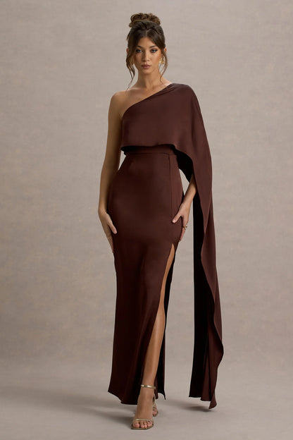 Amora Brown Satin Asymmetric Cape Sleeve Split Maxi Dress