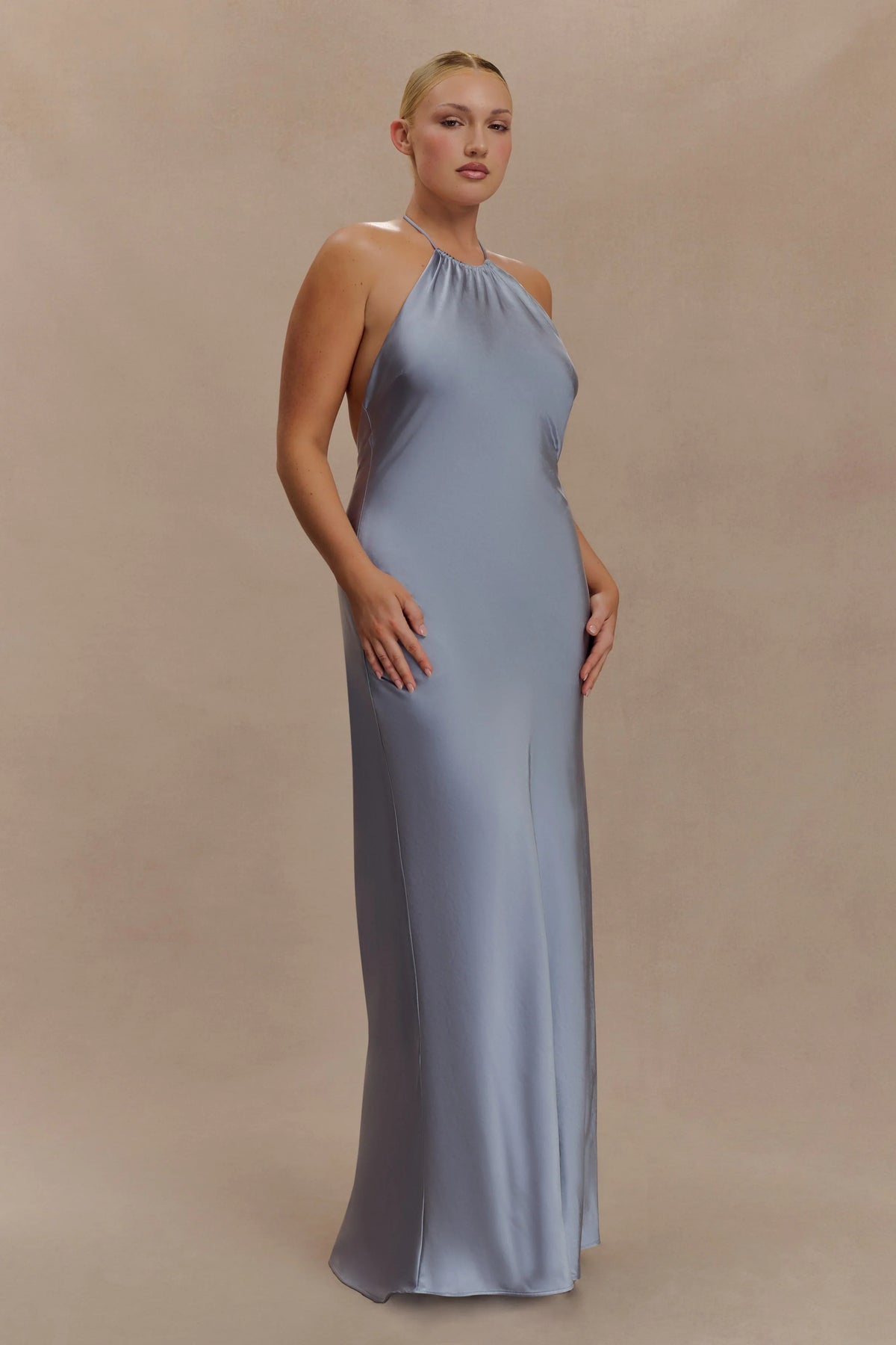Bella Satin Halter Maxi Dress Frosted Blue