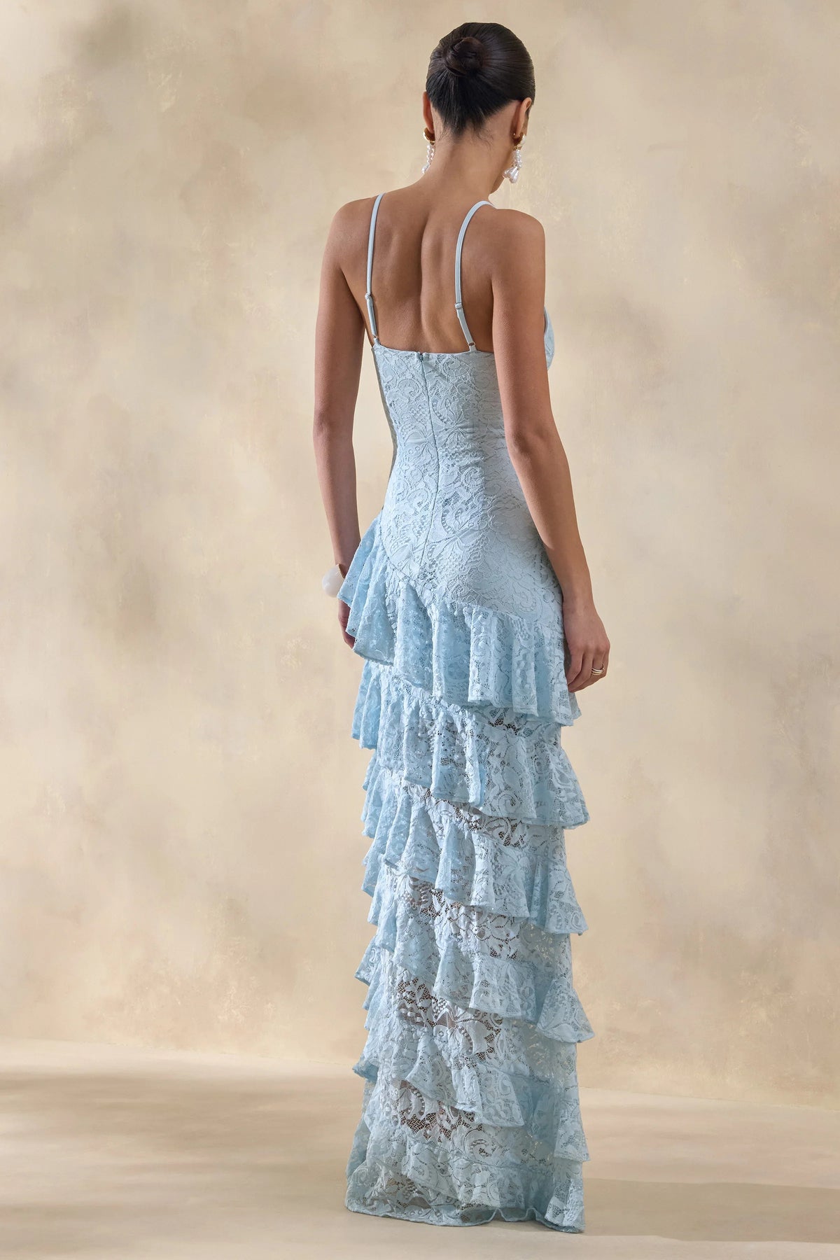 Avelisse Blue Lace Plunge Neck Maxi Dress With Ruffled Detailing