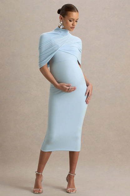 Augustina Powder Blue Maternity Midi Dress With Cape