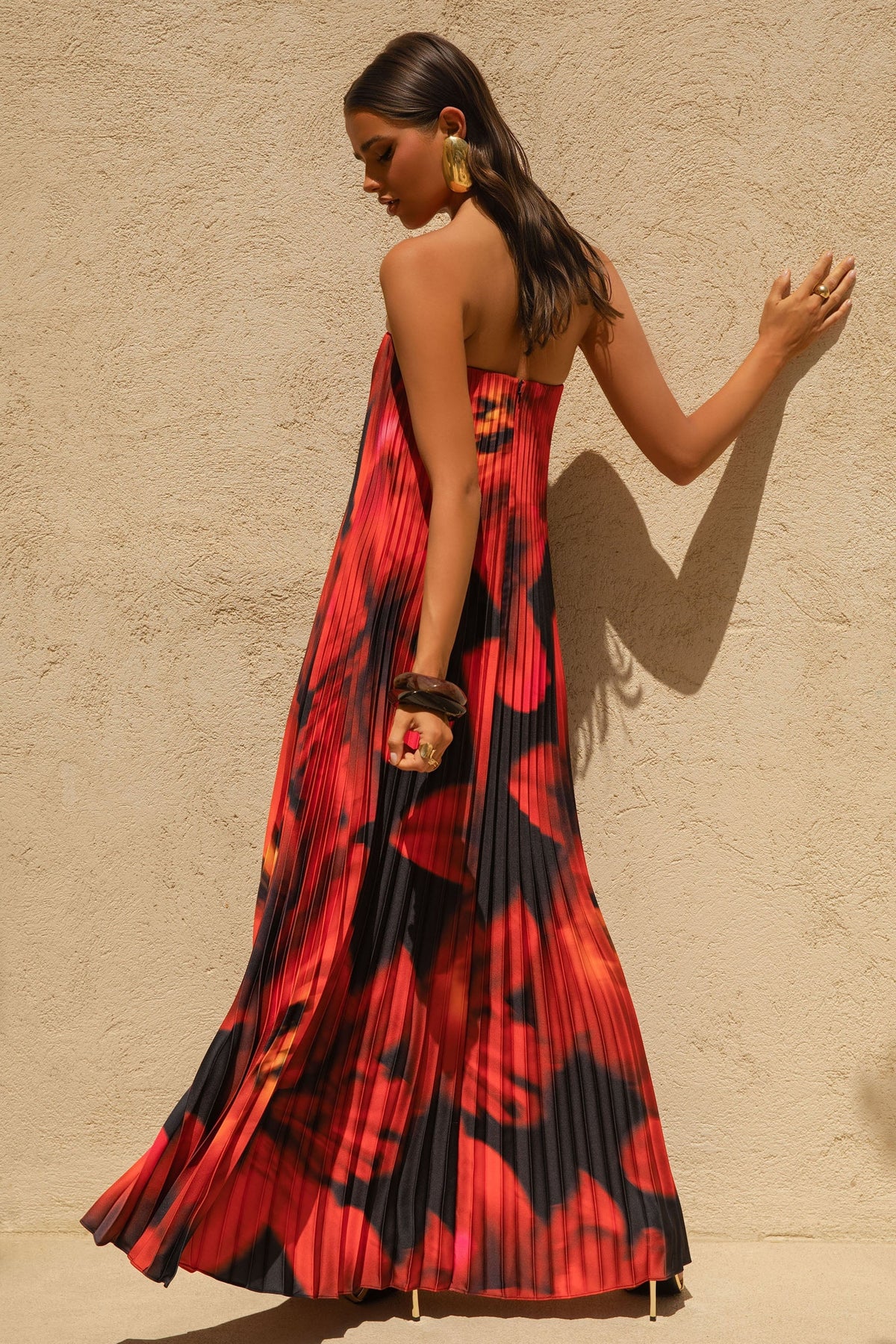 Bergamot Black And Red Floral Print Satin Sweetheart Maxi Dress
