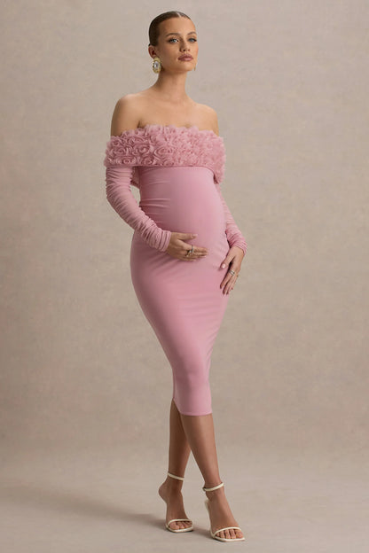 Adita Blush Pink Mesh Floral Bardot Maternity Midi Dress