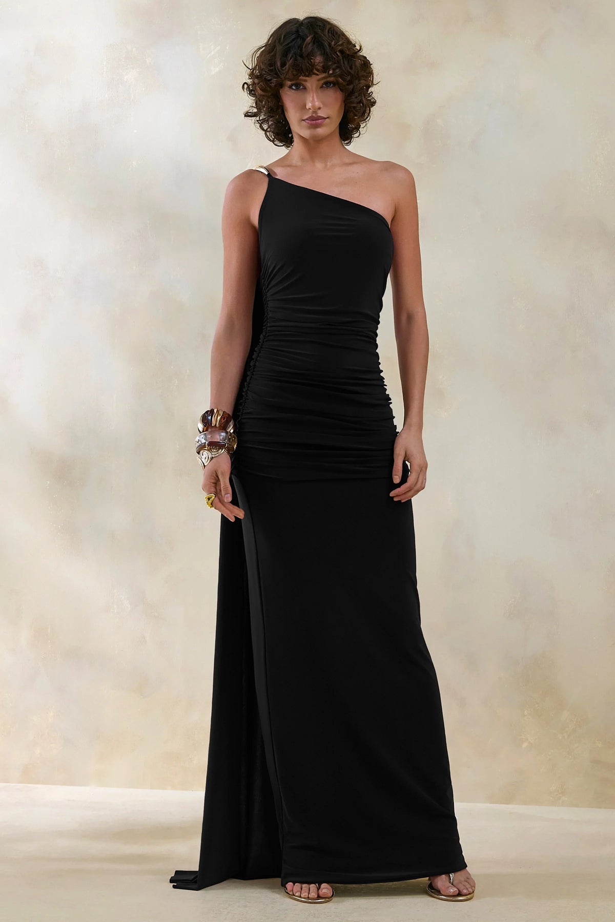 Bettine Black Asymmetric Neck Maxi Dress With Cape Sleeve