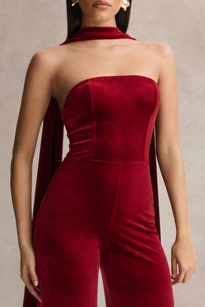 Arcane Burgundy Velvet Bandeau Jumpsuit With Scarf