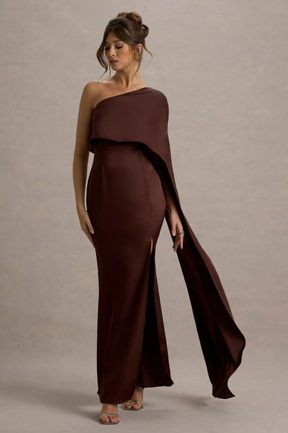 Amora Brown Satin Asymmetric Cape Sleeve Split Maxi Dress