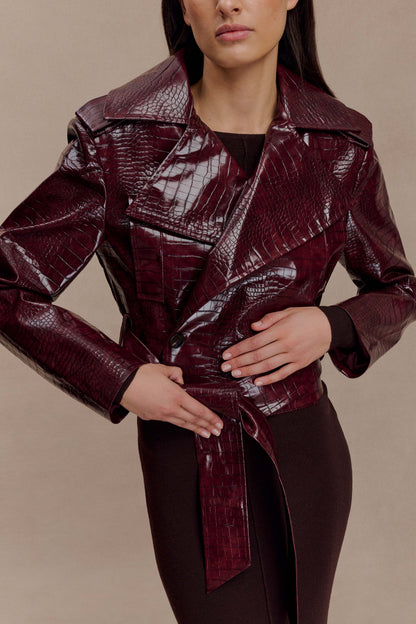 Archie Croc Faux Leather Cropped Jacket Burgundy