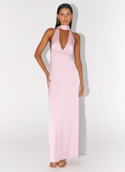 Alicia Satin Halter Maxi Dress Baby Pink
