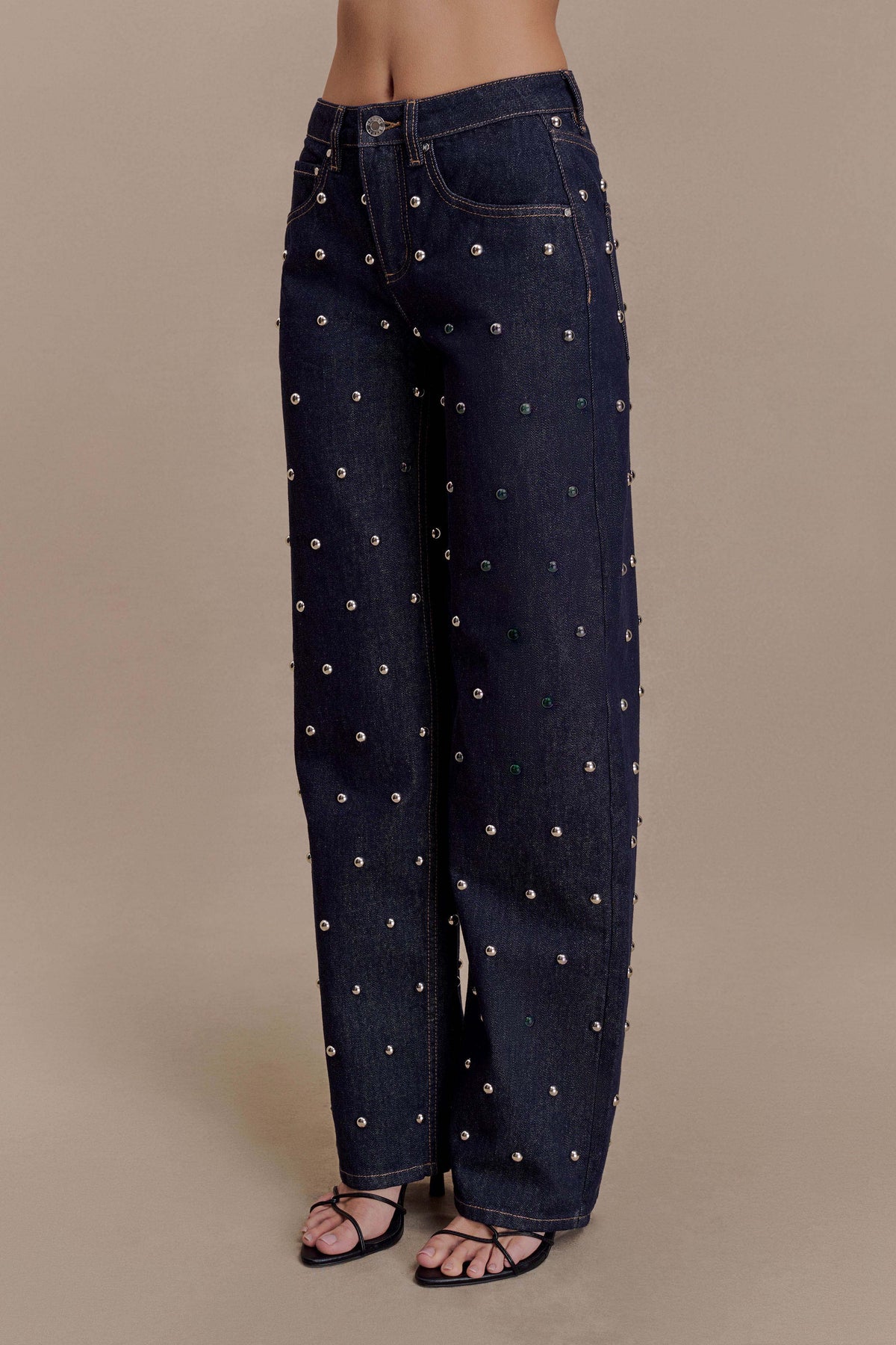 Alima Mid Rise Stud Denim Jeans Washed Indigo Blue
