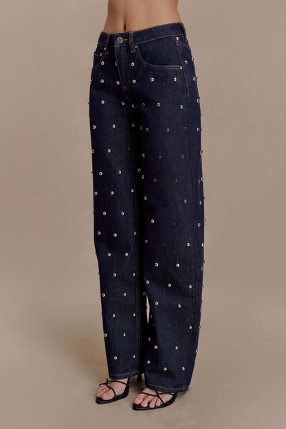 Alima Mid Rise Stud Denim Jeans Washed Indigo Blue
