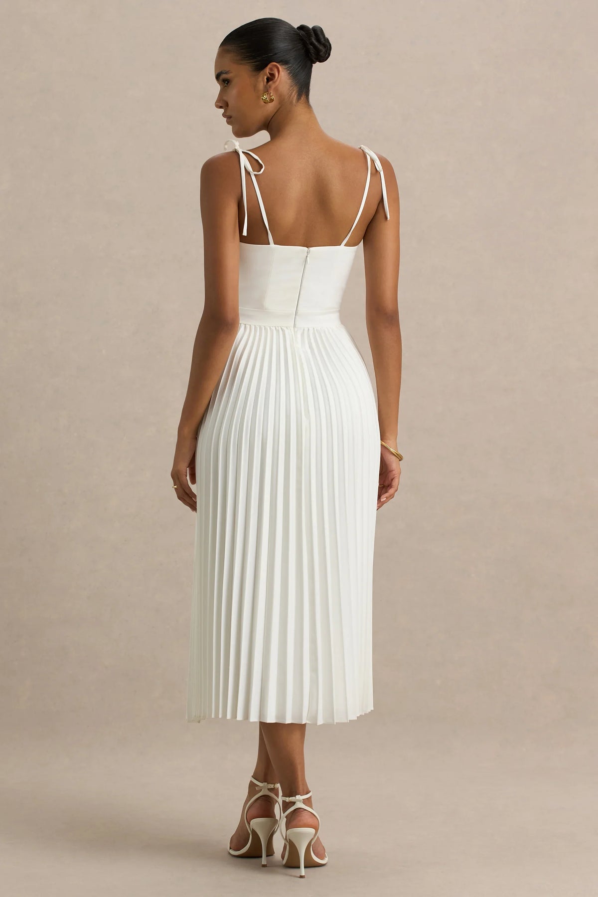 Agua Cream Satin Sweetheart Midi Dress With Pleated Skirt