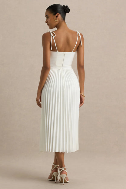 Agua Cream Satin Sweetheart Midi Dress With Pleated Skirt