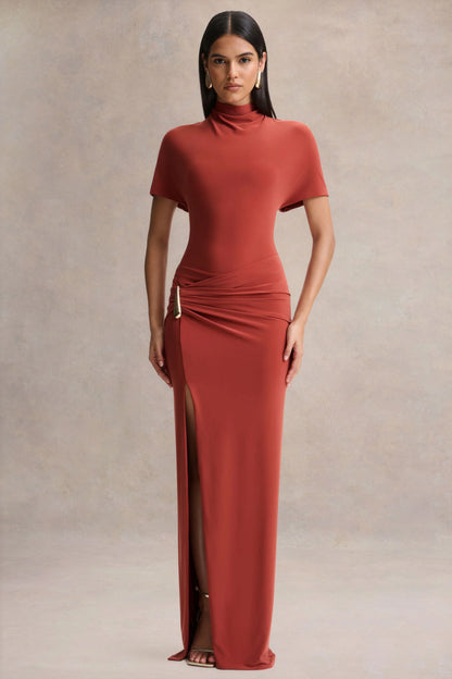 Arlena Rust High Neck Wrapped Maxi Dress