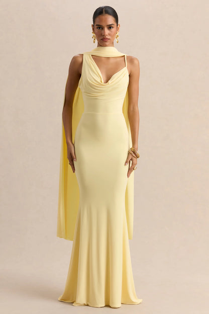 Armelia Lemon Cowl Neck Maxi Dress With Scarf Detail