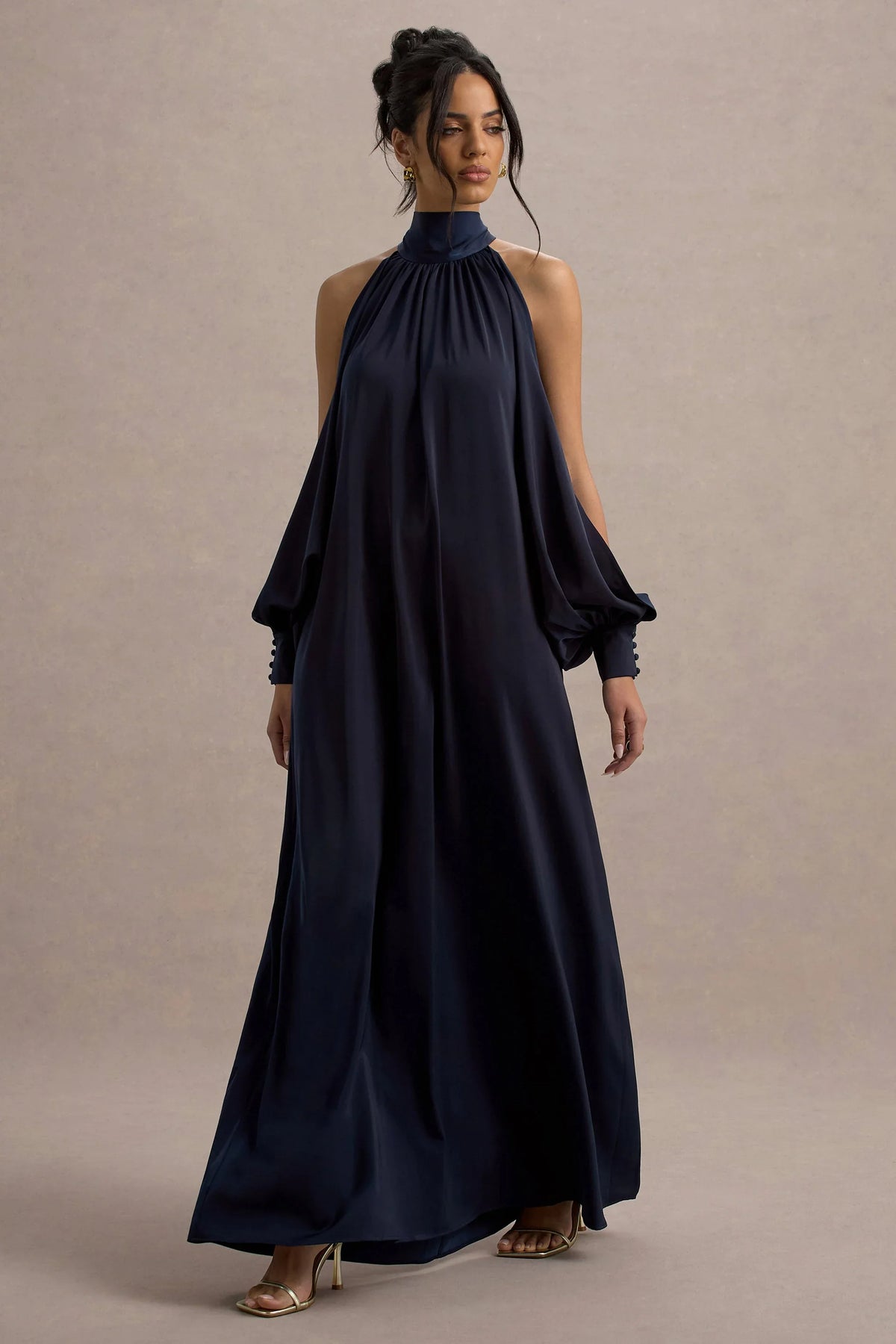 Baila Navy Satin High Neck Cape Sleeve Maxi Dress