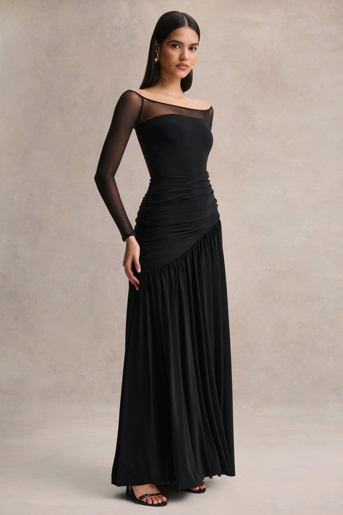 Bexley Black Bardot Neck Draped Maxi Dress With Long Mesh Sleeves