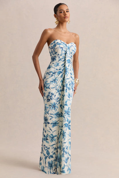 Ali Blue Porcelain Print Sweetheart Ruched Wrap Maxi Dress