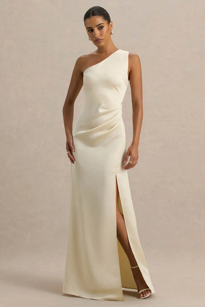 Beth Pale Lemon Asymmetric Neckline High Split Maxi Dress
