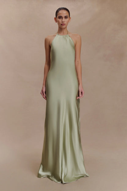 Bella Satin Halter Maxi Dress Sage