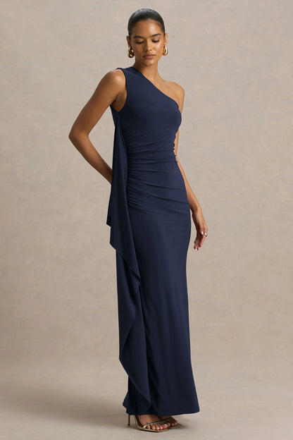 Adelina Navy One Shoulder Maxi Dress With Drape