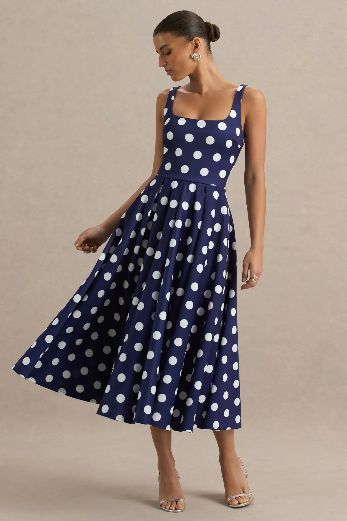 Berta Navy And White Polka Dot Square Neck Midi Dress