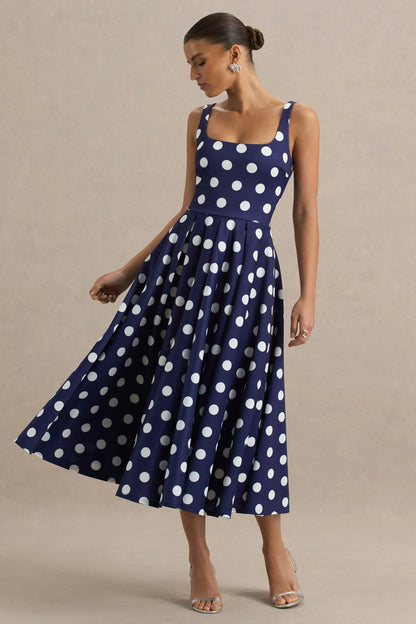 Berta Navy And White Polka Dot Square Neck Midi Dress
