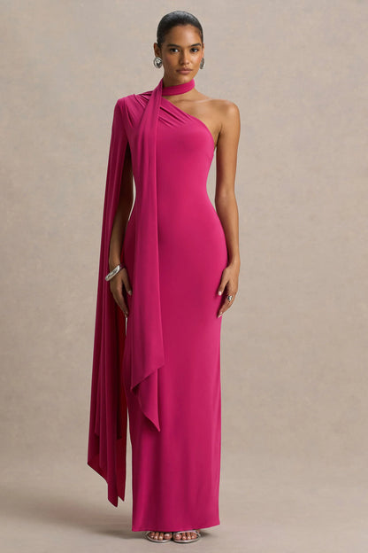 Amal Hot Pink Asymmetric Neck Maxi Dress With Scarf and Cape Detail