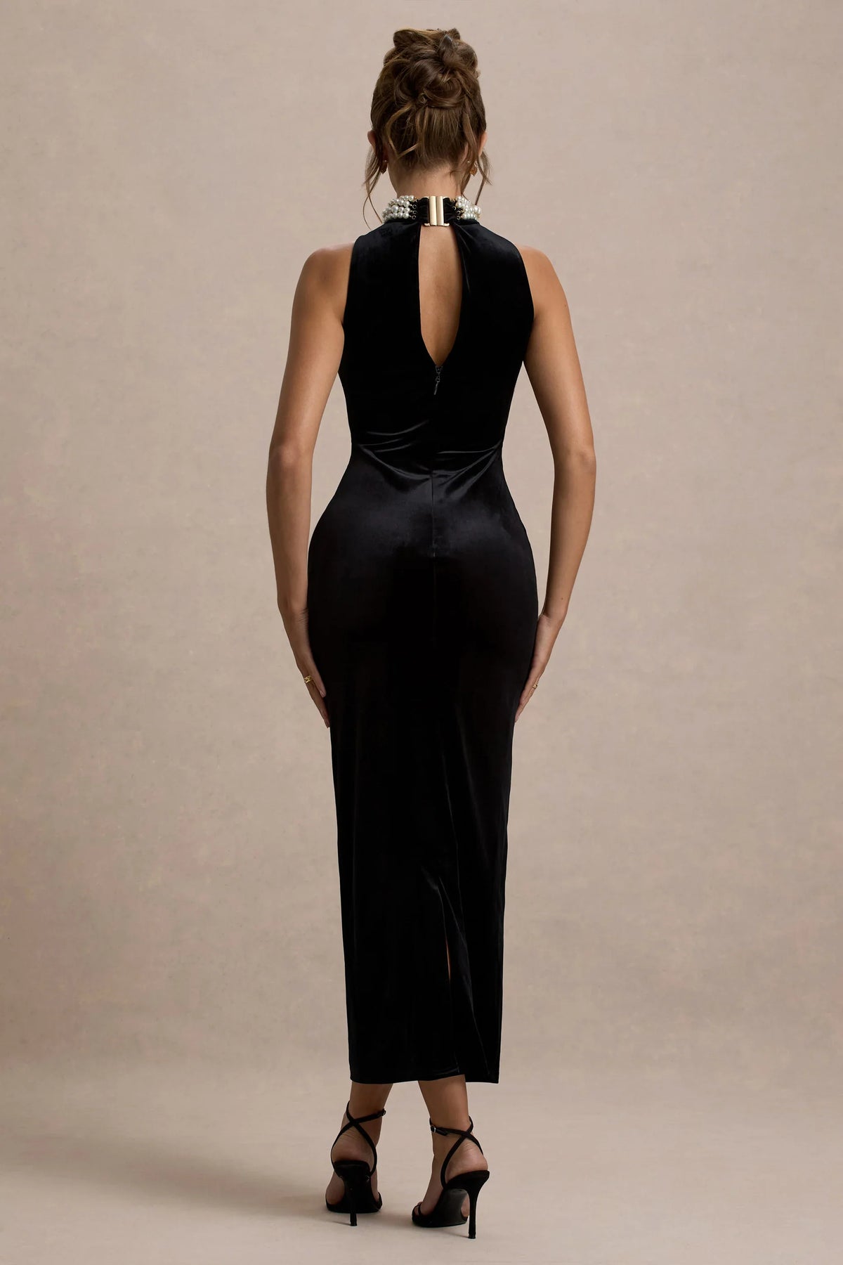 Audrine Black Velvet Embellished High Neck Maxi Dress