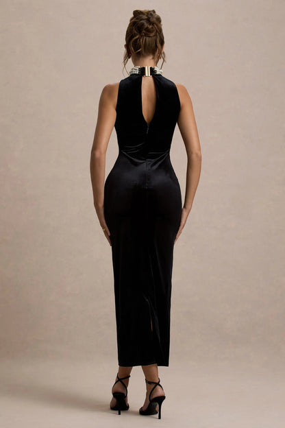 Audrine Black Velvet Embellished High Neck Maxi Dress