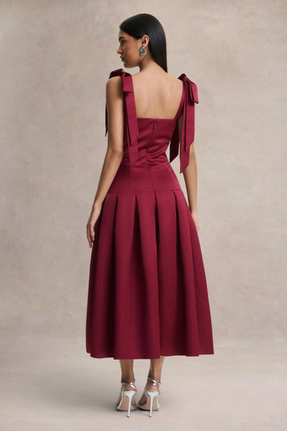 Alberta Burgundy Satin Square Neck Midi Dress With Bow Straps
