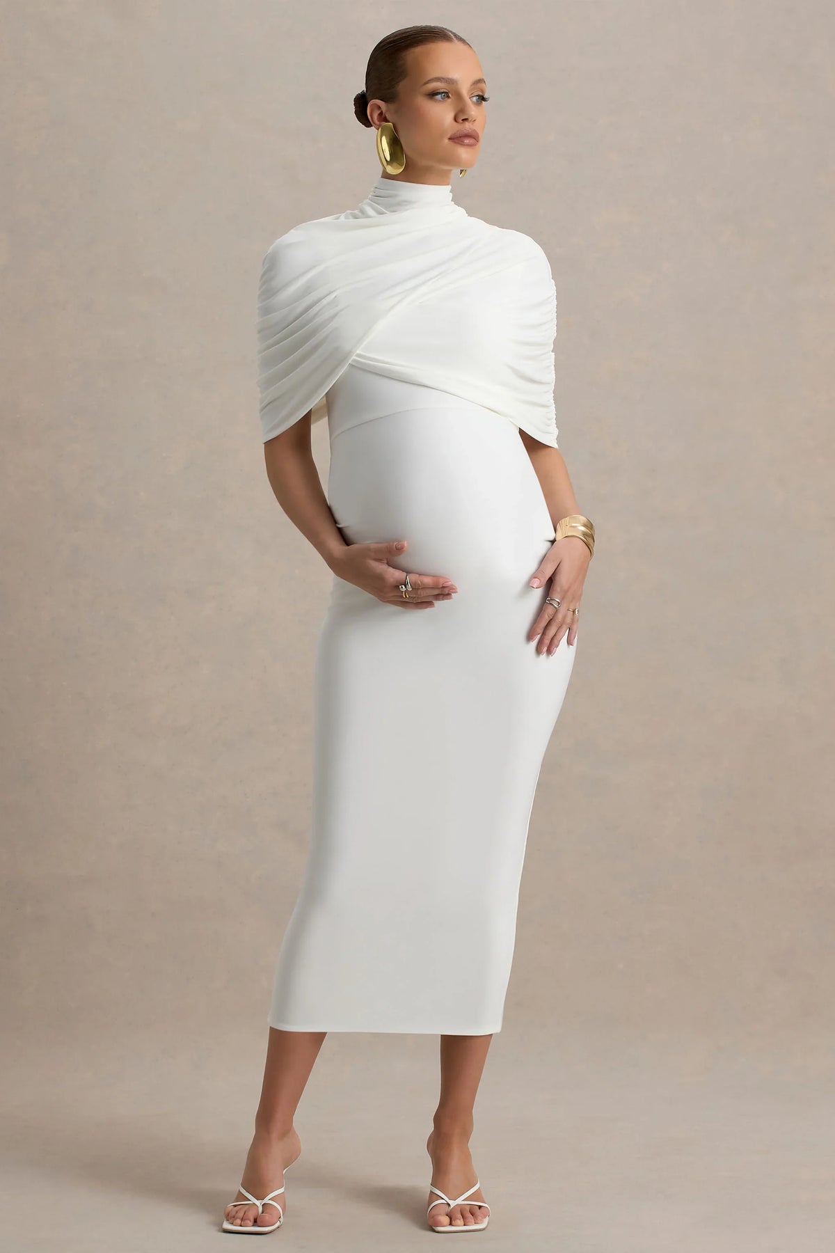 Augustina White Maternity Midi Dress With Cape