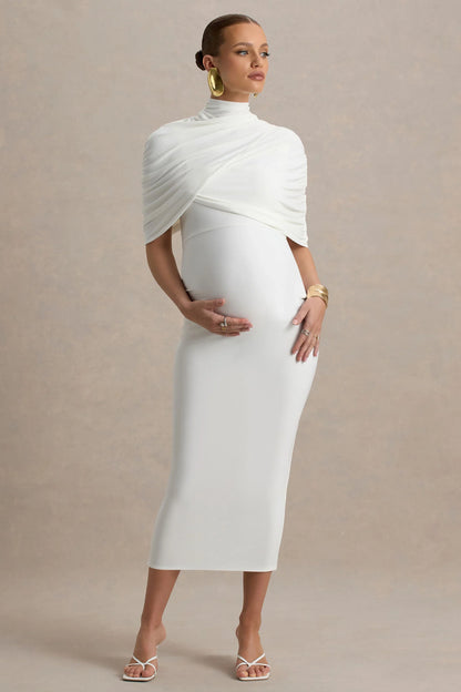 Augustina White Maternity Midi Dress With Cape