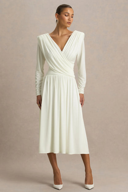 Alexis Cream Plunge Neck Midi Dress With Draped And Ruched Detailing