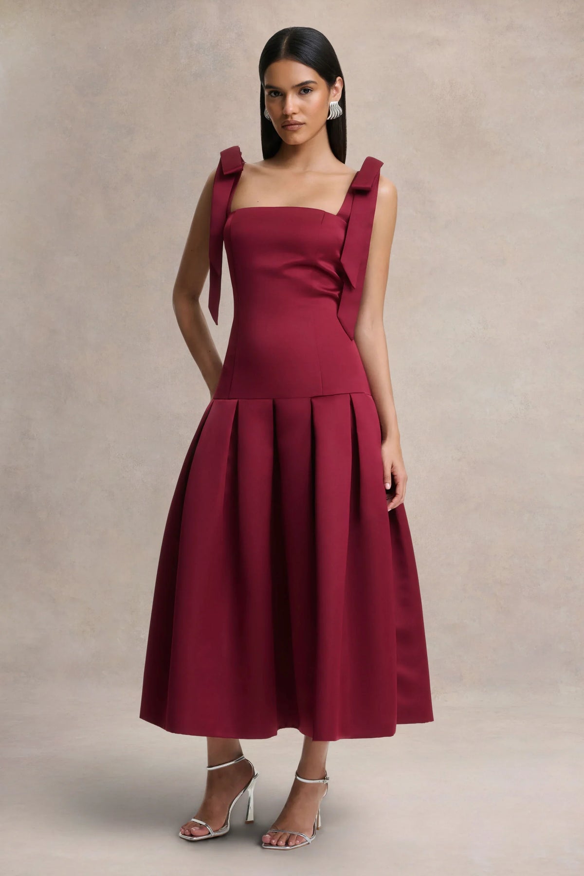 Alberta Burgundy Satin Square Neck Midi Dress With Bow Straps