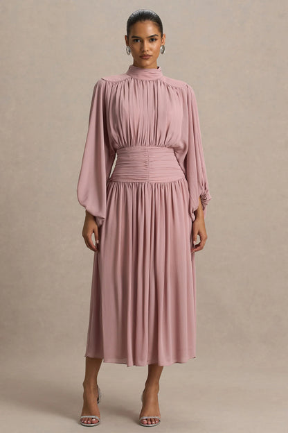 Annabel Dusty Pink High Neck Midi Dress With Drop Waist And Pleated Detailing
